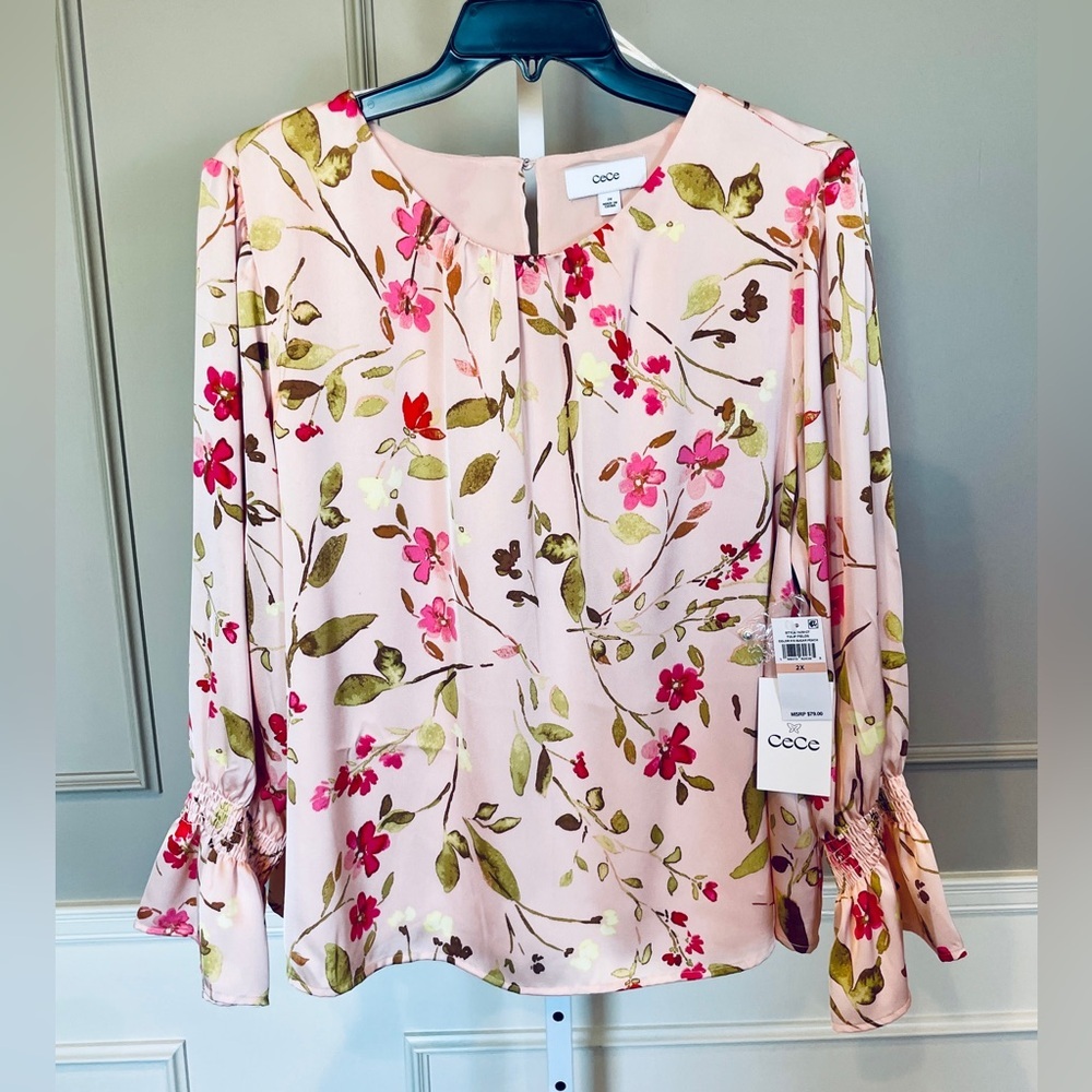 CeCe NWT 2X Floral Satin Blouse Shirt Tulip Fields Pink Peach Peasant Lined